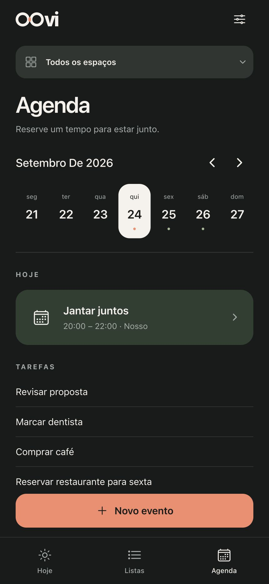 Agenda semanal da Oovi, com dias da semana e os compromissos do modo de exemplos.