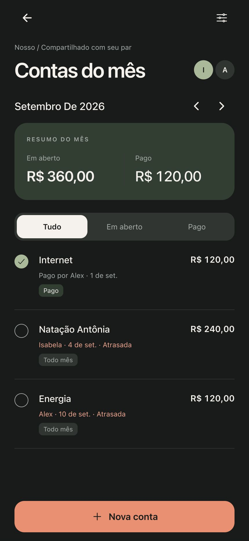 Tela Contas do mês da Oovi em tema escuro: resumo de valores pagos e em aberto e contas com responsáveis.