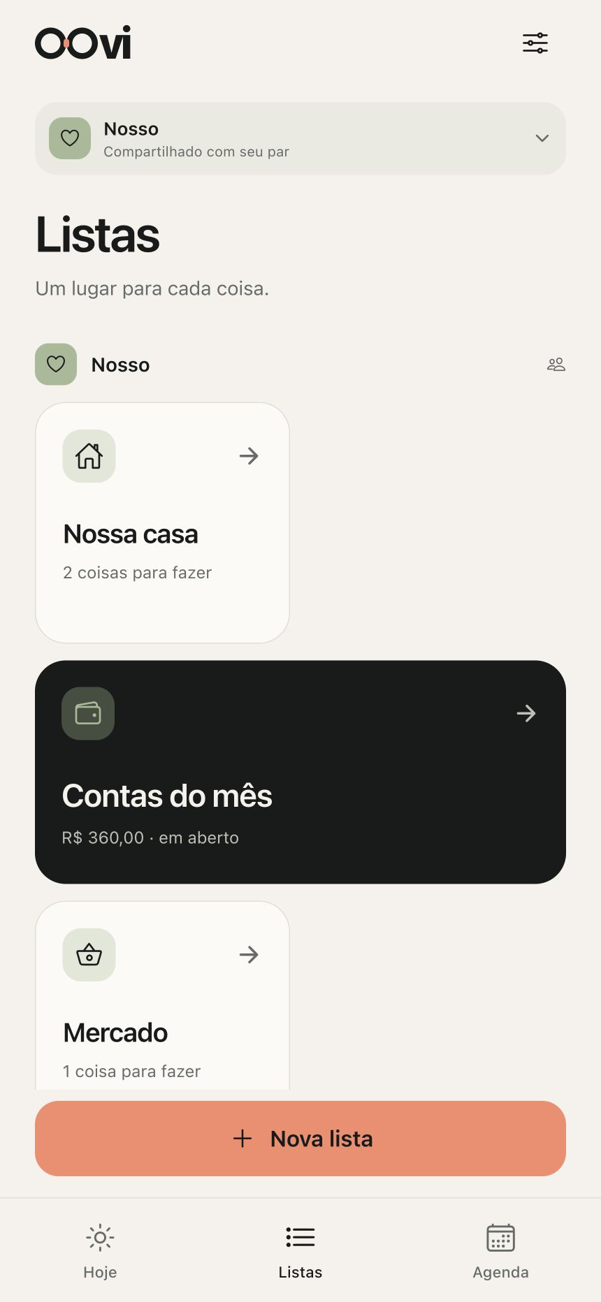 Tela Listas da Oovi: Nossa casa, Contas do mês e Mercado no espaço compartilhado.